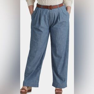Lauren Ralph Lauren Pleated Chambray Wide-Leg Pants, Blue Wash, sz 20W